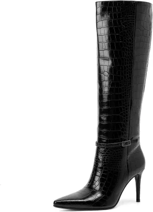 GOSERCE Women's Black Knee High Boots Tall Boots Pointed Toe Stiletto 3.54 inch High Heel Long Boots for Women Faux Crocodile Boots