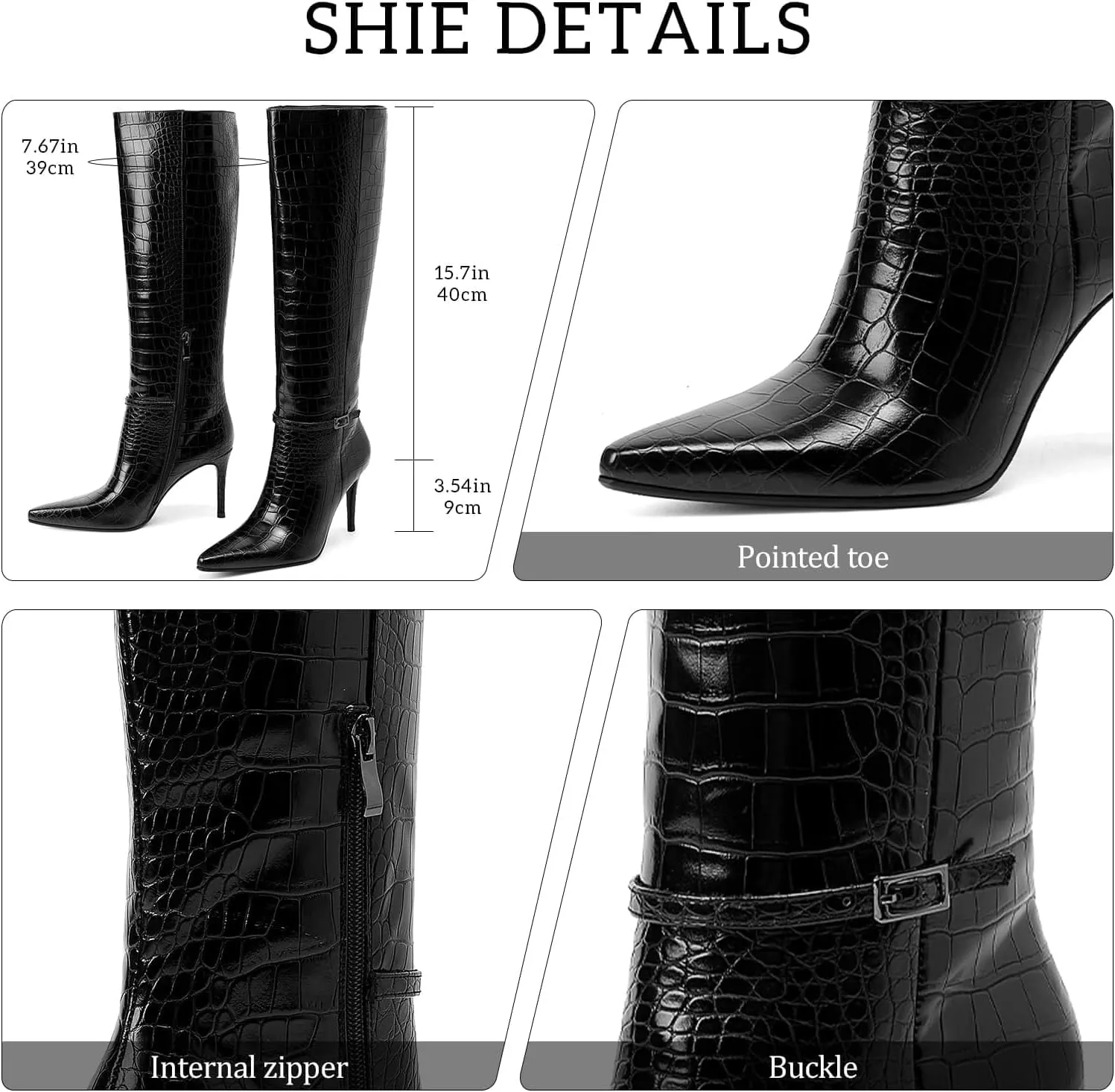 GOSERCE Women's Black Knee High Boots Tall Boots Pointed Toe Stiletto 3.54 inch High Heel Long Boots for Women Faux Crocodile Boots