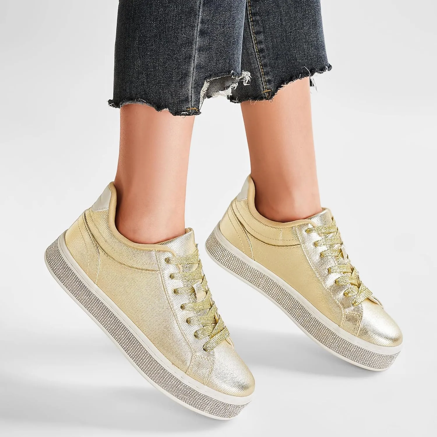 GOSERCE Women's Fashion Sneakers with Sparkly Glitter Rhinestone Sneakers Platform Tennis Shoes Trendy Cute Comfortable Casual Dressy Wedding Bridal Walking Concert Fall
