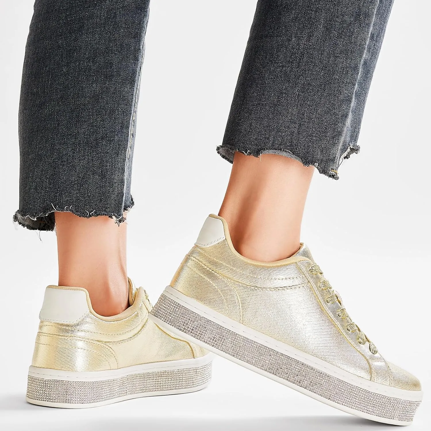 GOSERCE Women's Fashion Sneakers with Sparkly Glitter Rhinestone Sneakers Platform Tennis Shoes Trendy Cute Comfortable Casual Dressy Wedding Bridal Walking Concert Fall