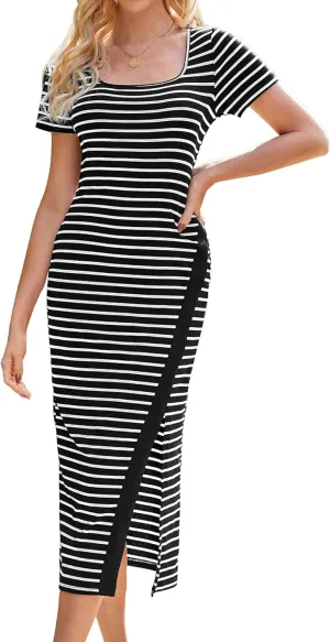 GRACE KARIN Women's 2025 Summer Striped Bodycon Dresses Casual Short Sleeve Square Neck Beach Vacation Long Dress