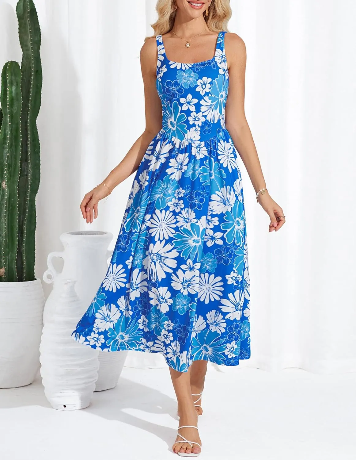 GRACE KARIN Women's Summer Square Neck Sleeveless Floral Midi Dress 2025 Boho Beach Casual Dresses with Pockets