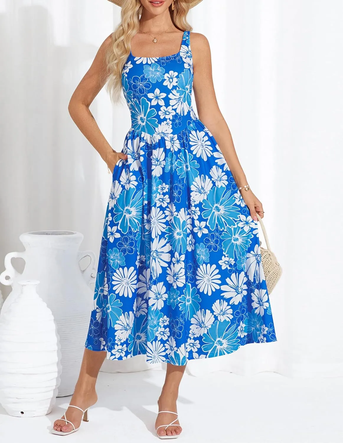 GRACE KARIN Women's Summer Square Neck Sleeveless Floral Midi Dress 2025 Boho Beach Casual Dresses with Pockets