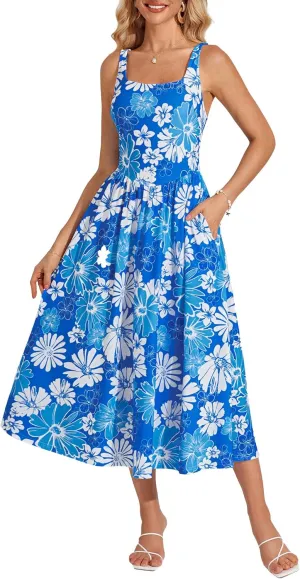 GRACE KARIN Women's Summer Square Neck Sleeveless Floral Midi Dress 2025 Boho Beach Casual Dresses with Pockets