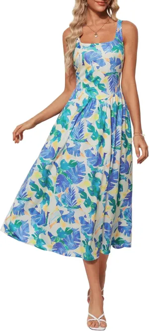GRACE KARIN Women's Summer Square Neck Sleeveless Floral Midi Dress 2025 Boho Beach Casual Dresses with Pockets