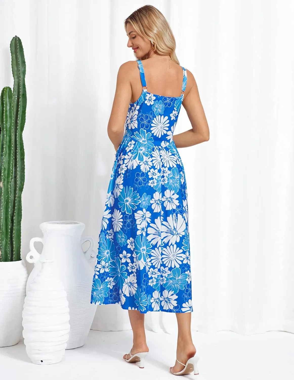 GRACE KARIN Women's Summer Square Neck Sleeveless Floral Midi Dress 2025 Boho Beach Casual Dresses with Pockets
