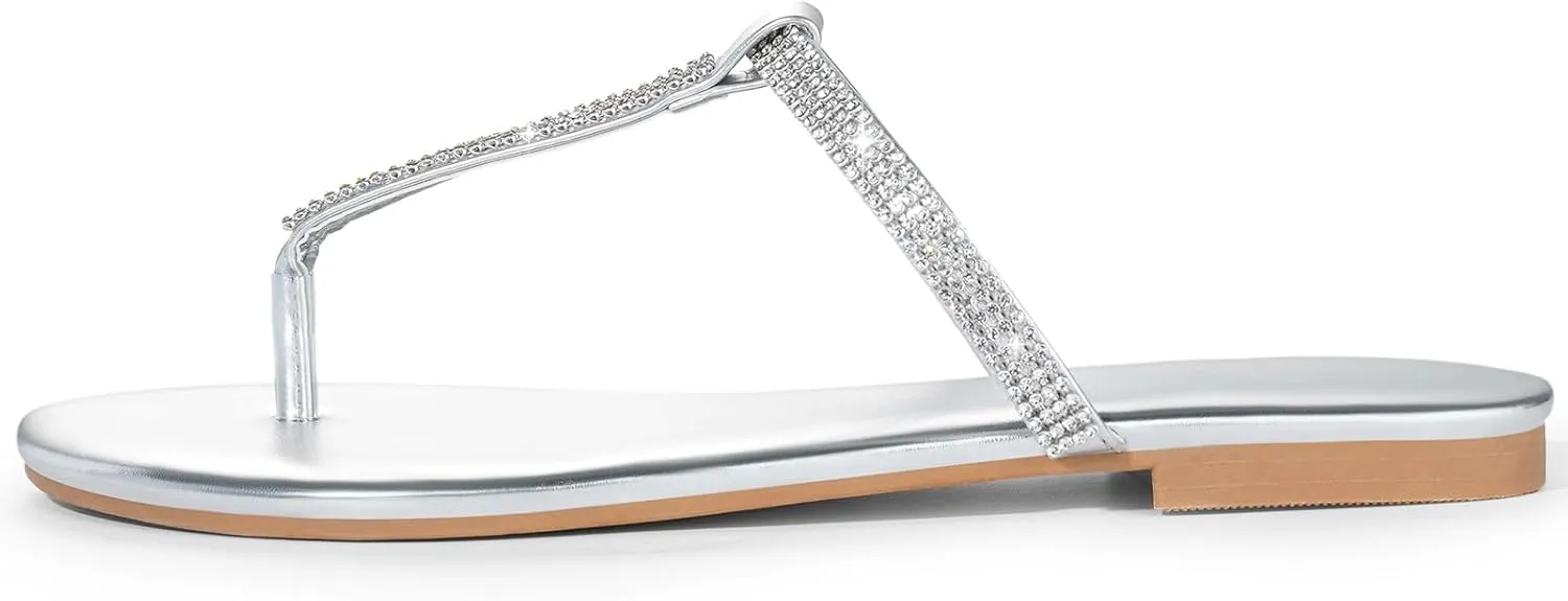 Harvest Land Women's Sandals Dressy T Strap with Rhinestone Sparkly Wedding Flat Sandals Ankle Strap Summer Gladiator Fashion Shoes