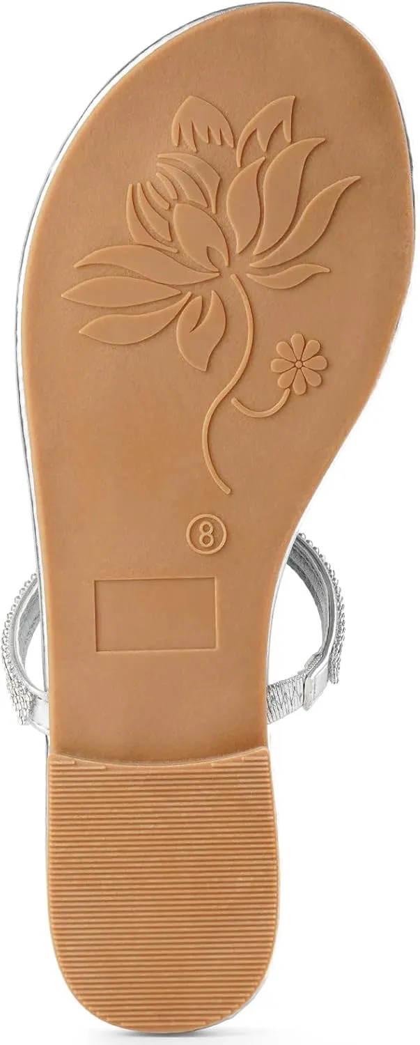 Harvest Land Women's Sandals Dressy T Strap with Rhinestone Sparkly Wedding Flat Sandals Ankle Strap Summer Gladiator Fashion Shoes