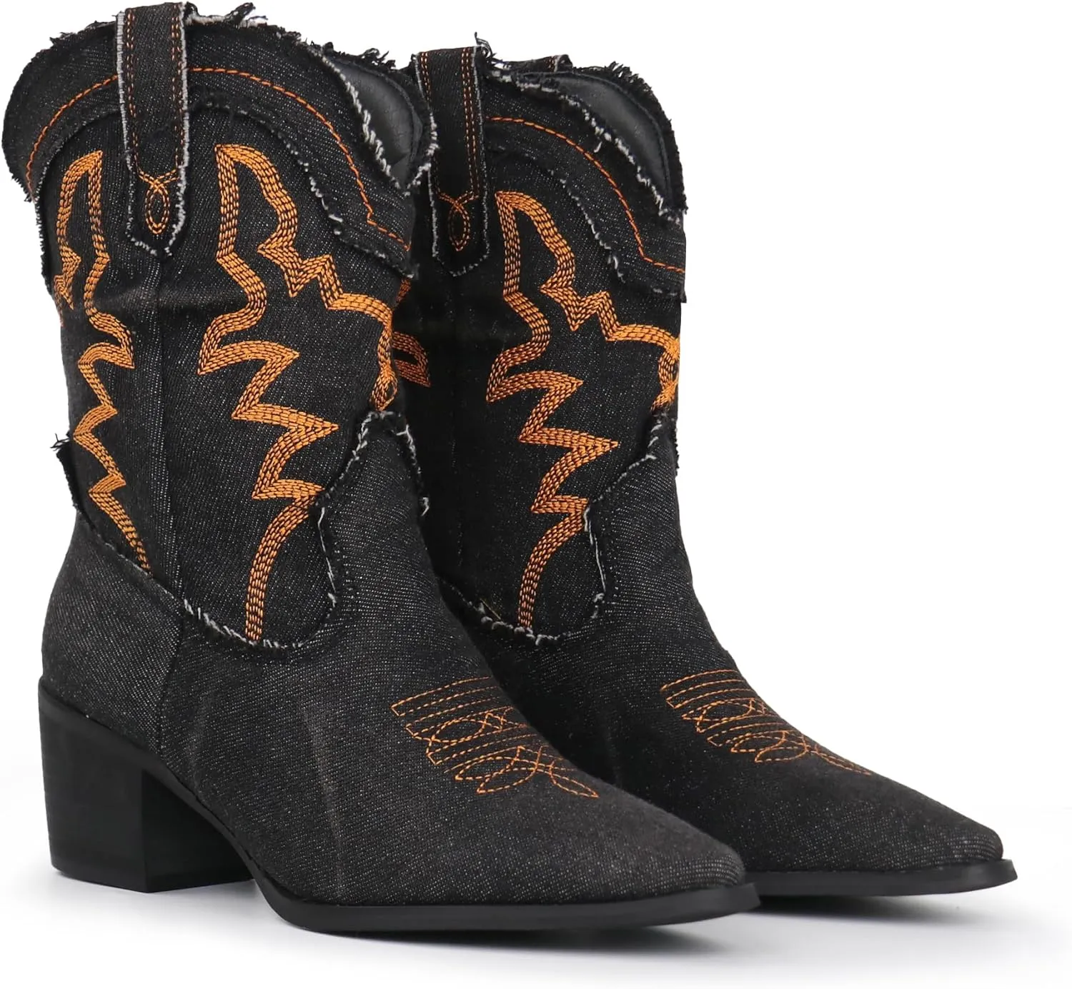 Hawkwell Women's Embroidered Stitched Rodeo Boots Pointed Toe Chunky Block Heel Classic Pull On Cowgirl Ankle Western Booties