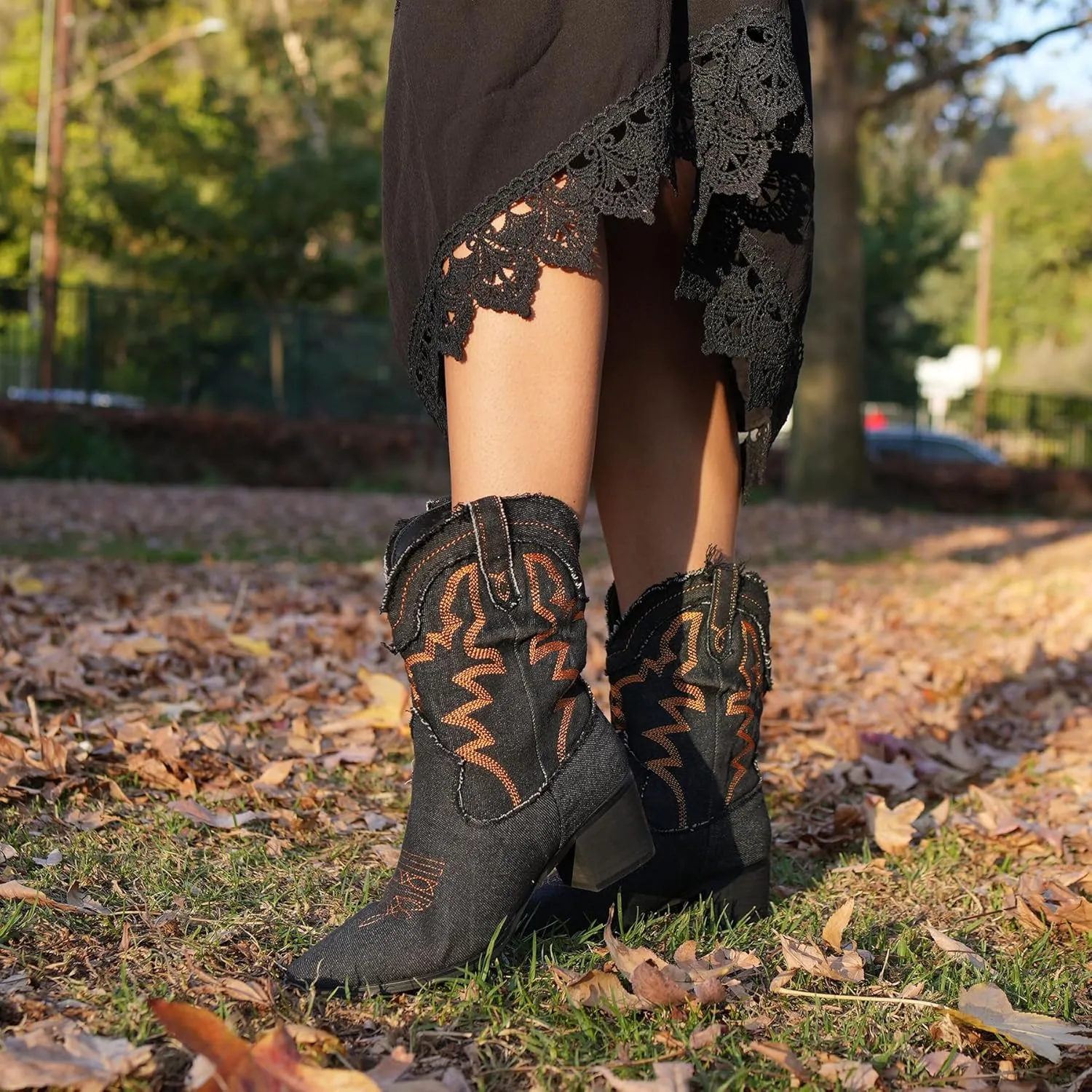 Hawkwell Women's Embroidered Stitched Rodeo Boots Pointed Toe Chunky Block Heel Classic Pull On Cowgirl Ankle Western Booties
