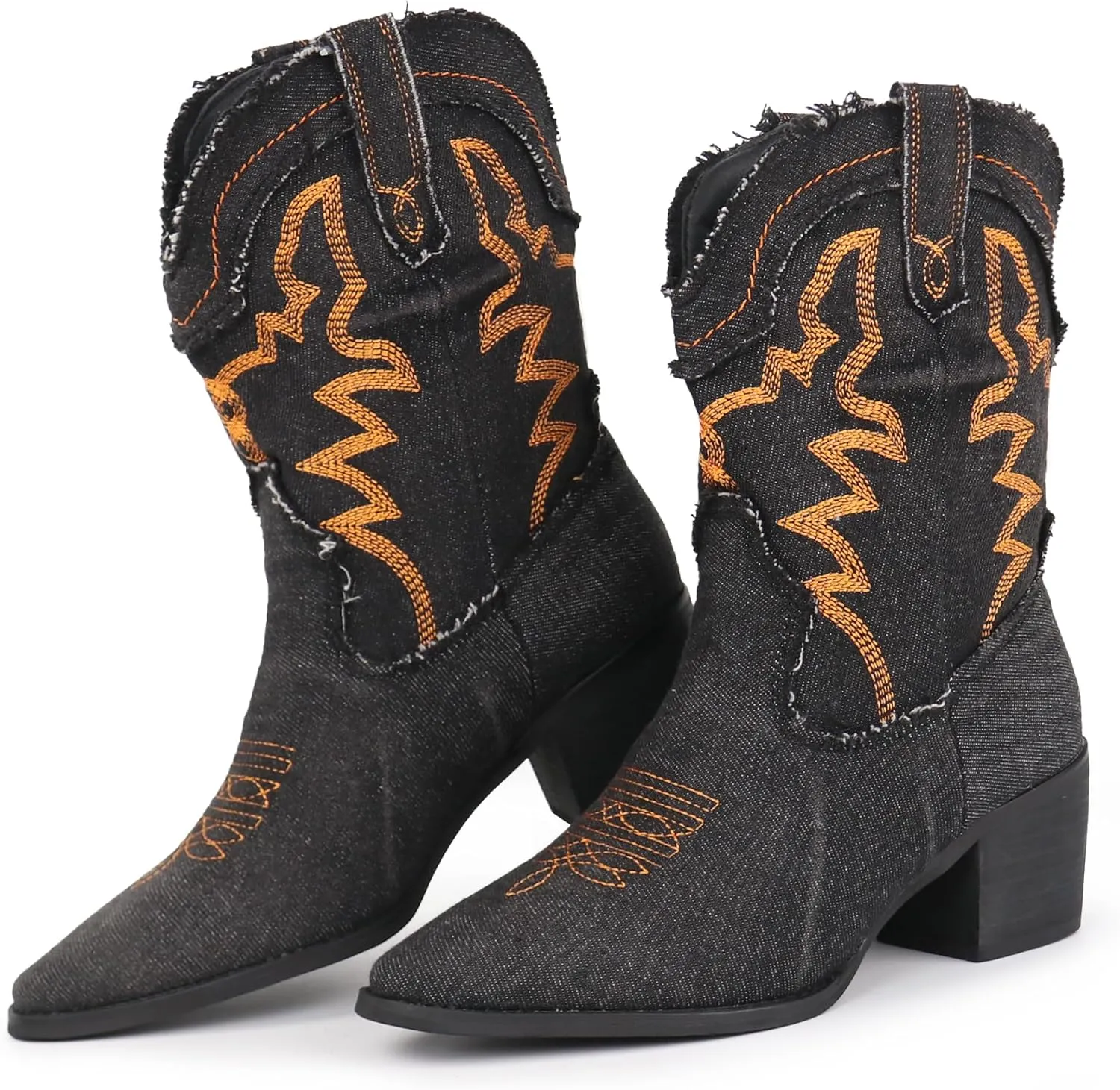 Hawkwell Women's Embroidered Stitched Rodeo Boots Pointed Toe Chunky Block Heel Classic Pull On Cowgirl Ankle Western Booties