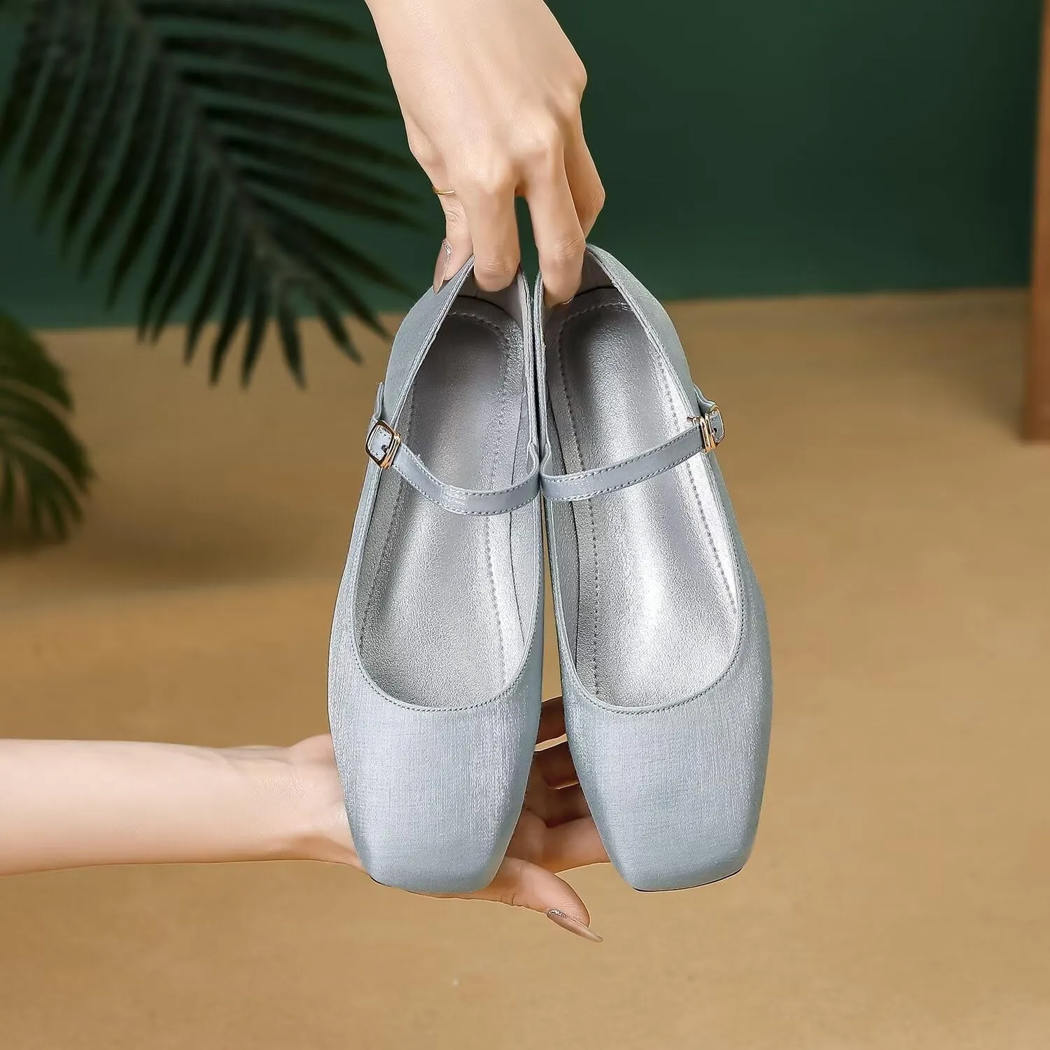 Hee grand Mary Jane Shoes for Women Comfortable Square Toe Ballet Flats with Straps Satin Dress Shoes