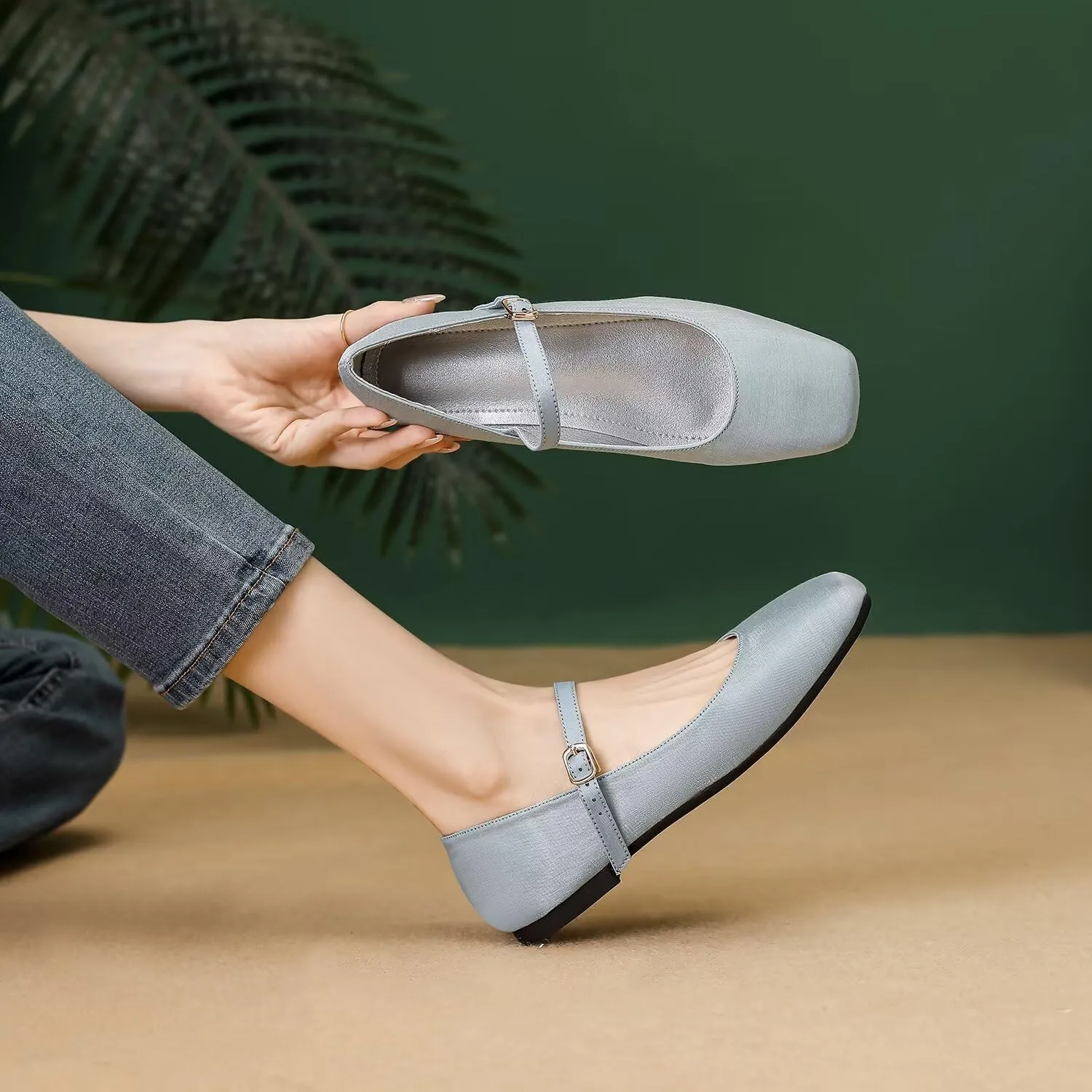 Hee grand Mary Jane Shoes for Women Comfortable Square Toe Ballet Flats with Straps Satin Dress Shoes