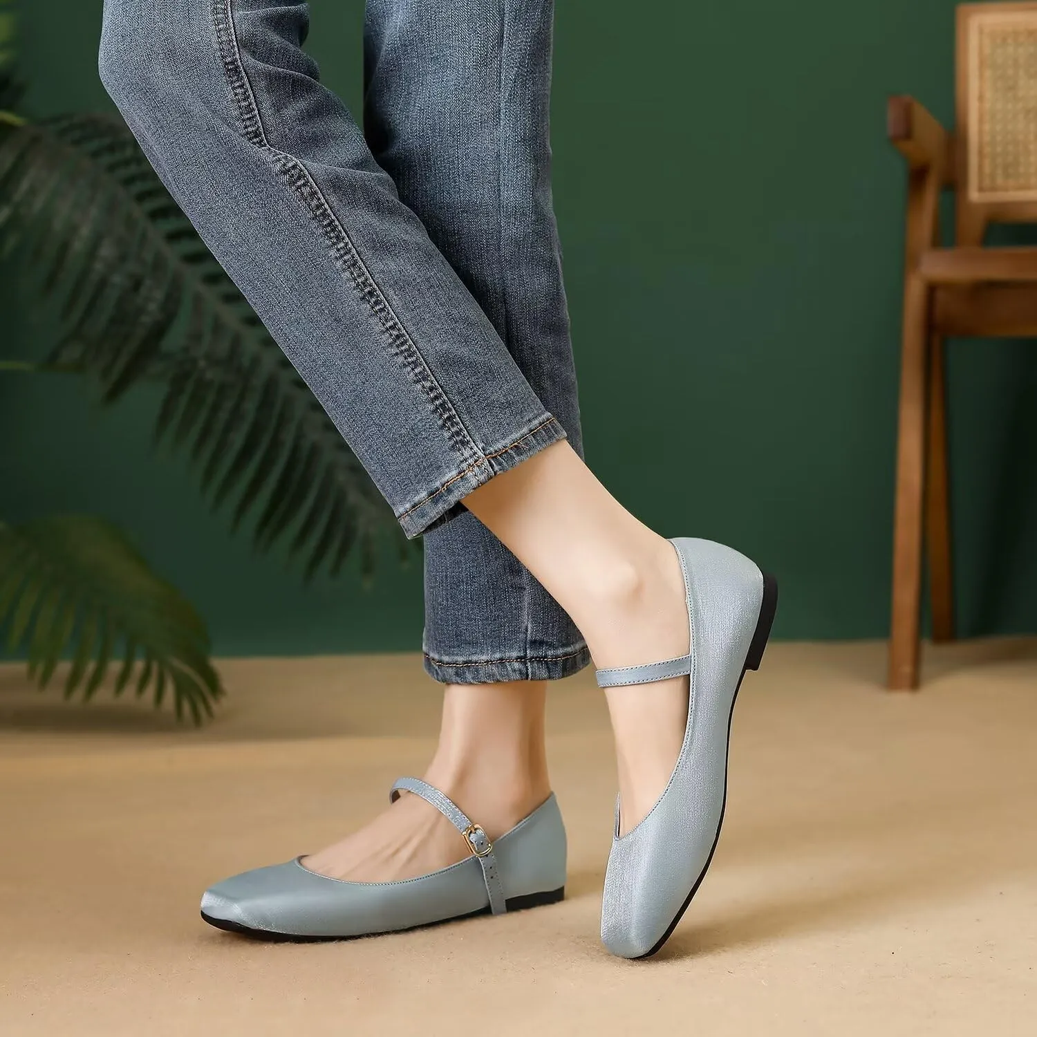 Hee grand Mary Jane Shoes for Women Comfortable Square Toe Ballet Flats with Straps Satin Dress Shoes