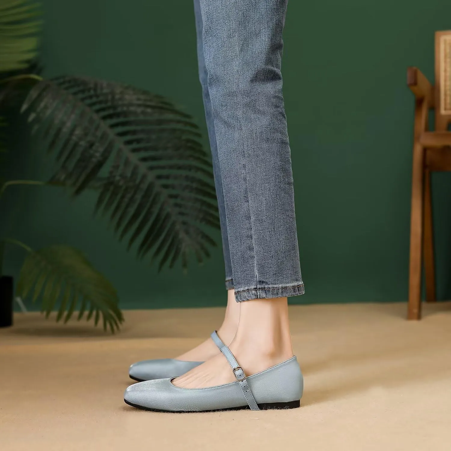 Hee grand Mary Jane Shoes for Women Comfortable Square Toe Ballet Flats with Straps Satin Dress Shoes