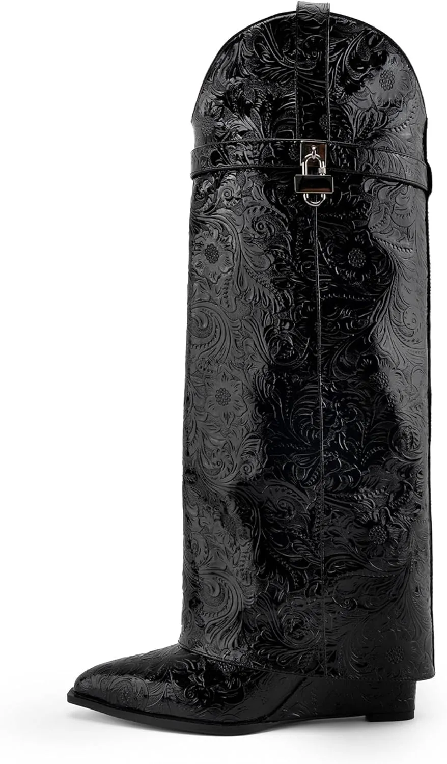heelchic Fold Over Boots for Women Printed Floral Knee High Boots Covered Wedge Heel Boot Shark Lock Boots Black