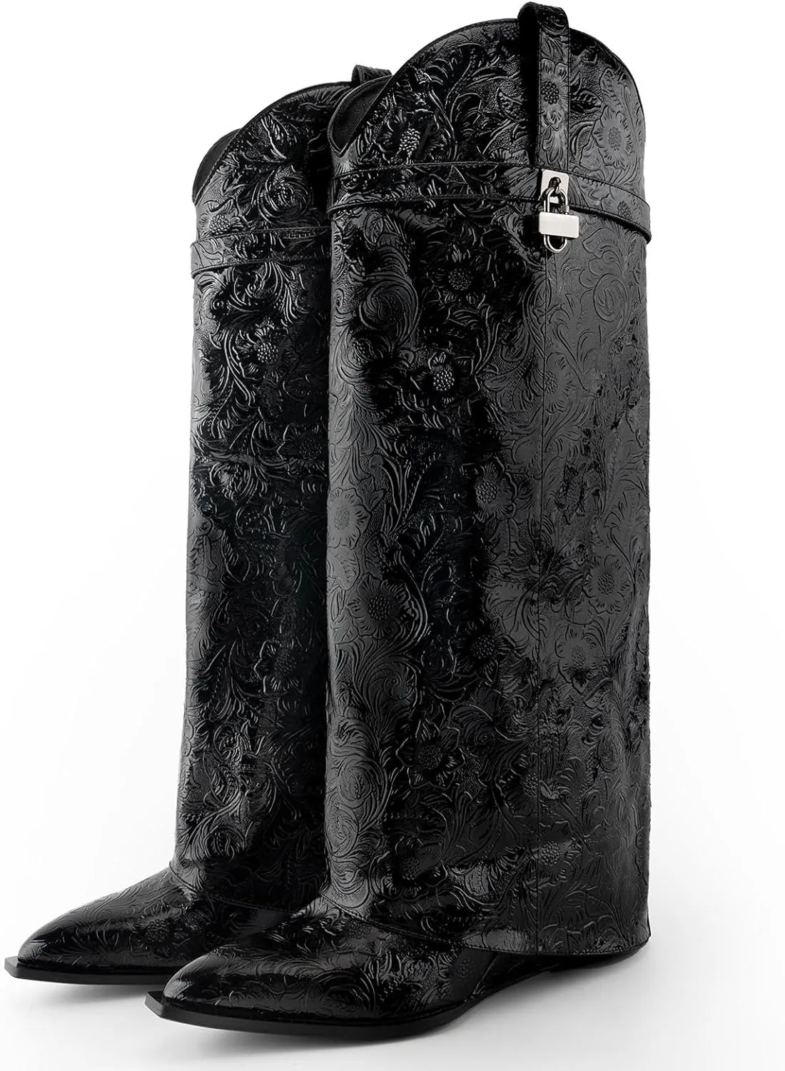 heelchic Fold Over Boots for Women Printed Floral Knee High Boots Covered Wedge Heel Boot Shark Lock Boots Black
