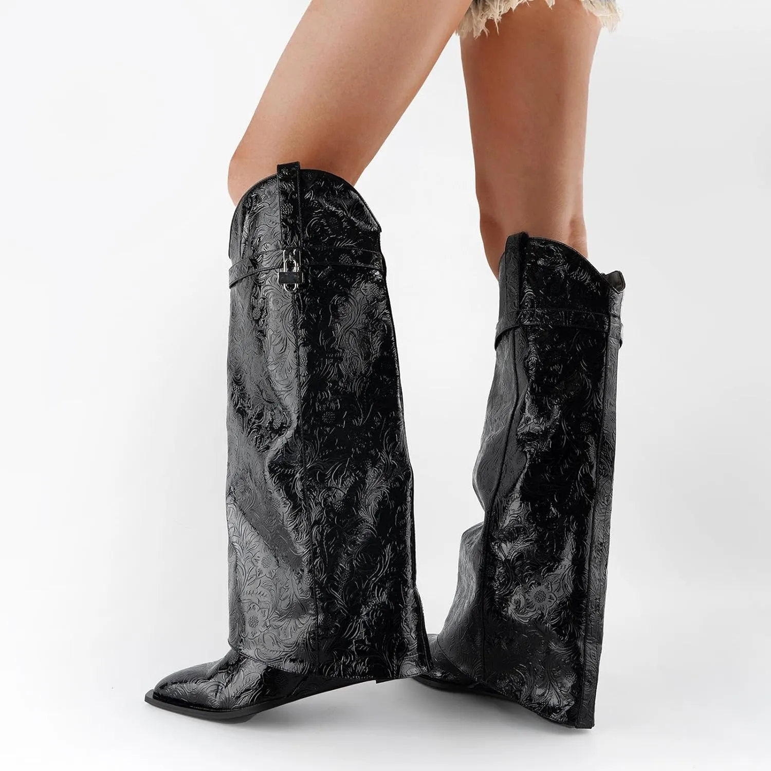 heelchic Fold Over Boots for Women Printed Floral Knee High Boots Covered Wedge Heel Boot Shark Lock Boots Black