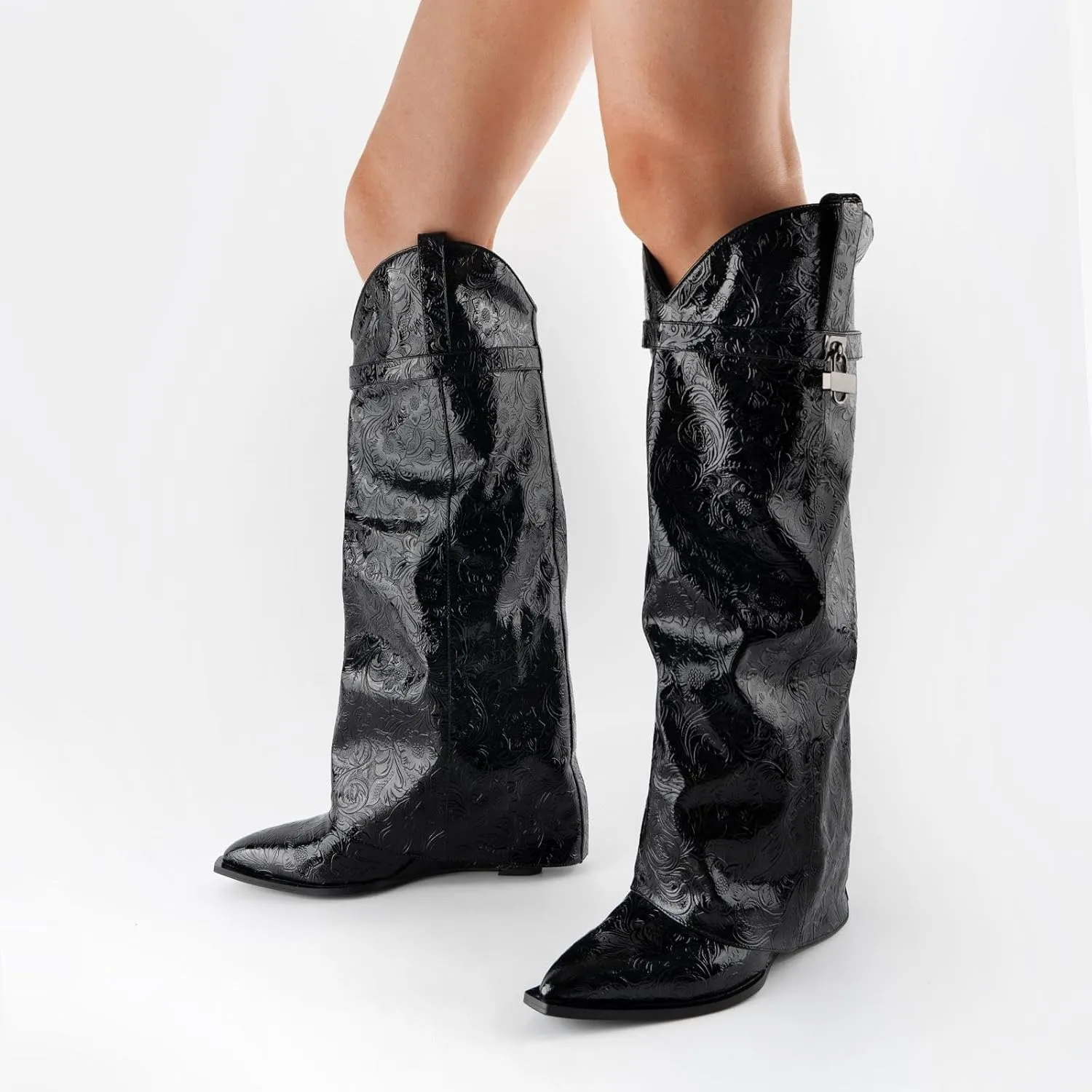 heelchic Fold Over Boots for Women Printed Floral Knee High Boots Covered Wedge Heel Boot Shark Lock Boots Black