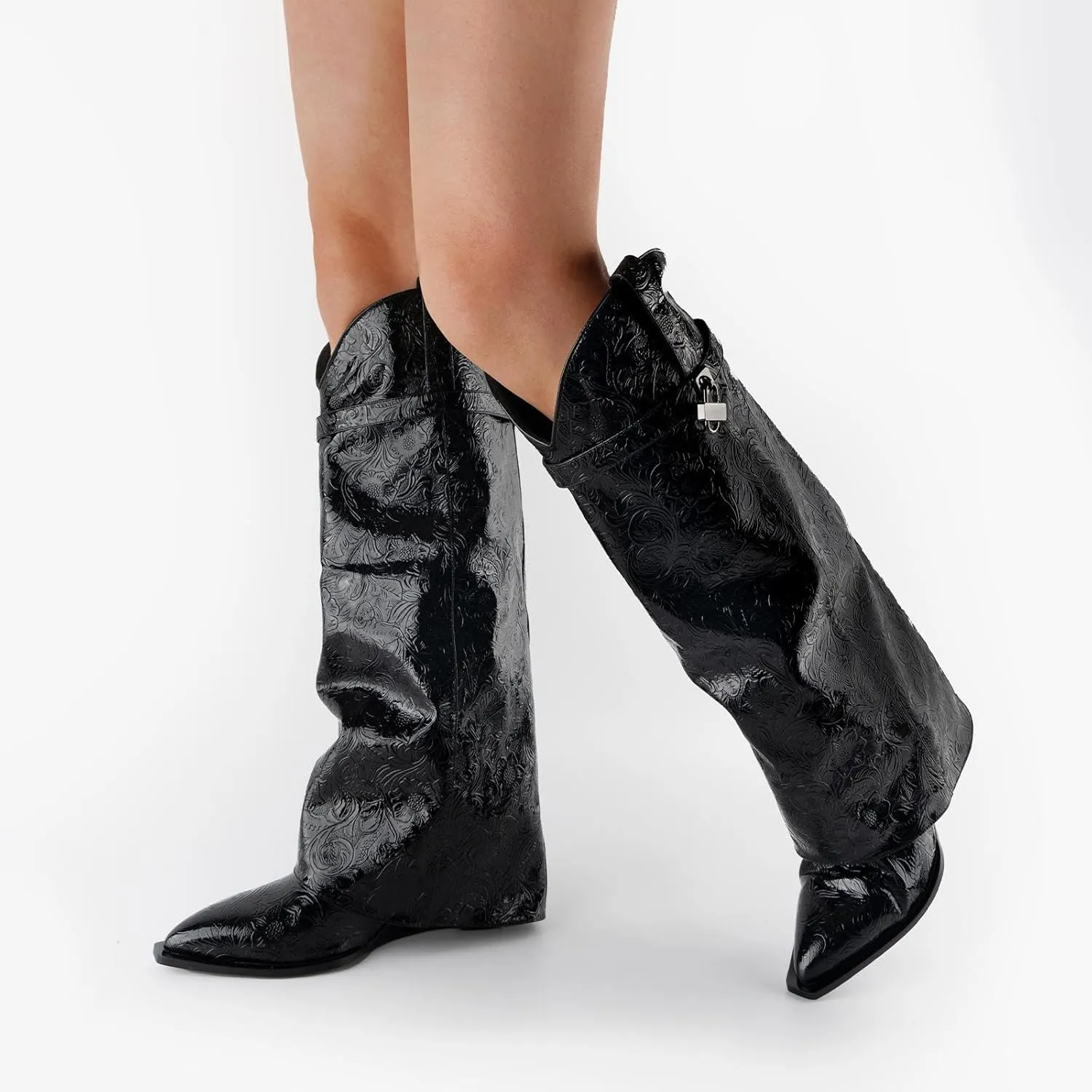 heelchic Fold Over Boots for Women Printed Floral Knee High Boots Covered Wedge Heel Boot Shark Lock Boots Black