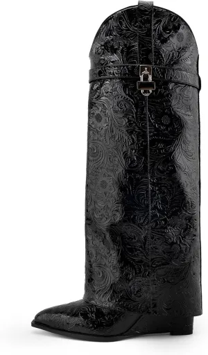 heelchic Fold Over Boots for Women Printed Floral Knee High Boots Covered Wedge Heel Boot Shark Lock Boots Black