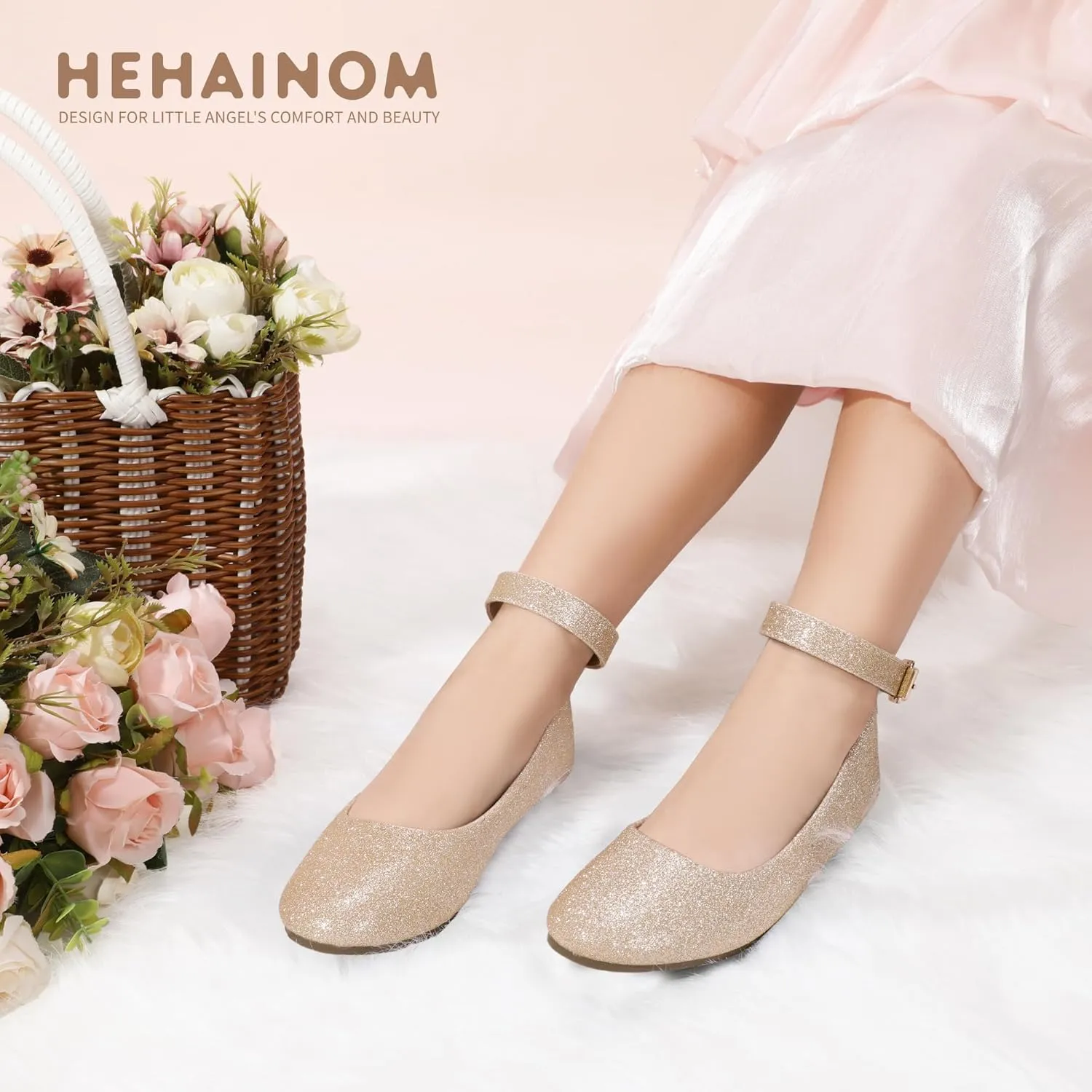 Hehainom Girls Dress Shoes Wedding Party School Ankle Strap Ballet Flats Shoes Little Big Kids Flower Girl Shoes