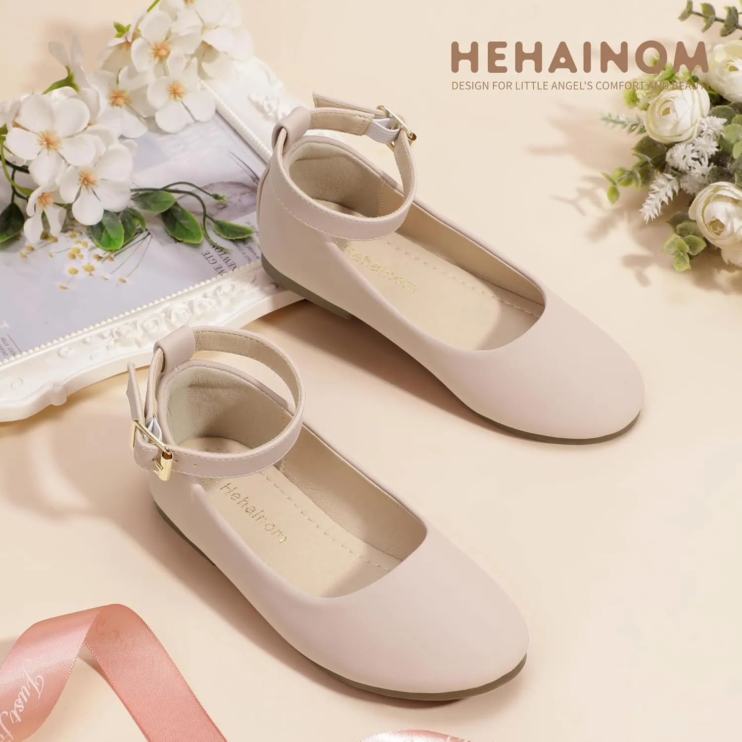 Hehainom Girls Dress Shoes Wedding Party School Ankle Strap Ballet Flats Shoes Little Big Kids Flower Girl Shoes