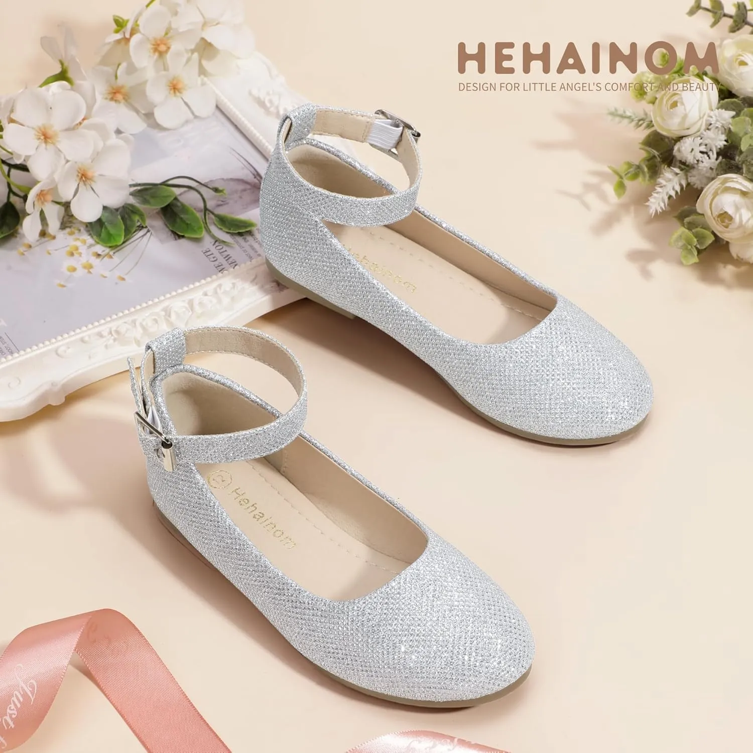Hehainom Girls Dress Shoes Wedding Party School Ankle Strap Ballet Flats Shoes Little Big Kids Flower Girl Shoes