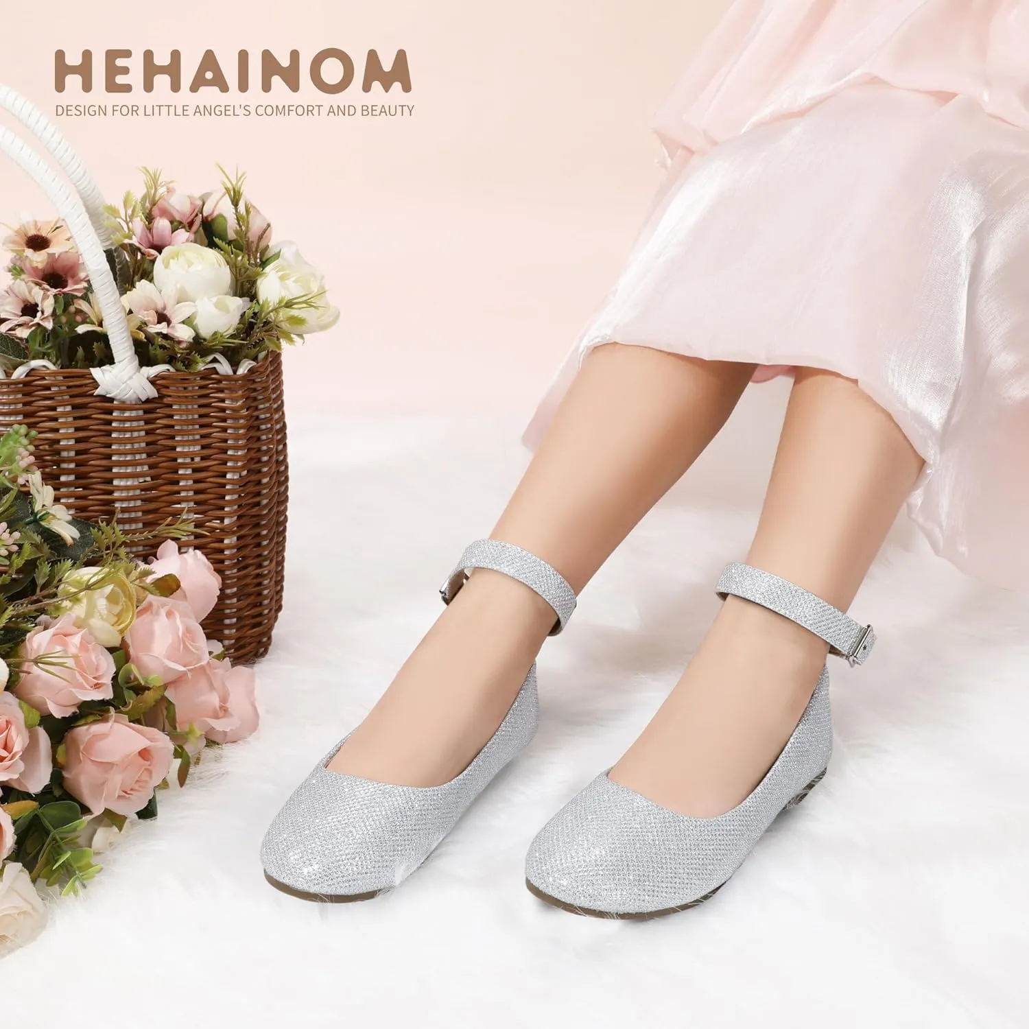 Hehainom Girls Dress Shoes Wedding Party School Ankle Strap Ballet Flats Shoes Little Big Kids Flower Girl Shoes
