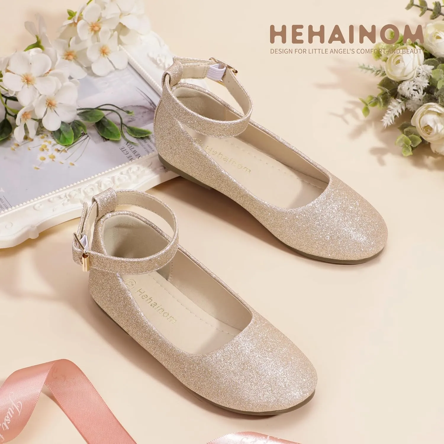 Hehainom Girls Dress Shoes Wedding Party School Ankle Strap Ballet Flats Shoes Little Big Kids Flower Girl Shoes