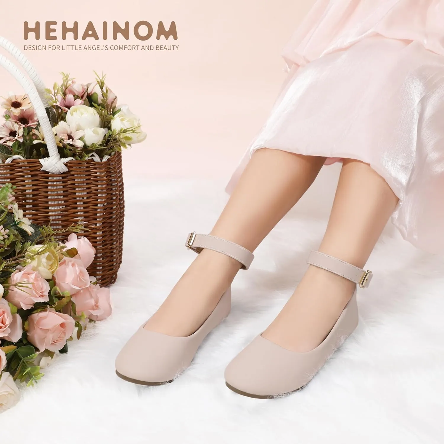 Hehainom Girls Dress Shoes Wedding Party School Ankle Strap Ballet Flats Shoes Little Big Kids Flower Girl Shoes