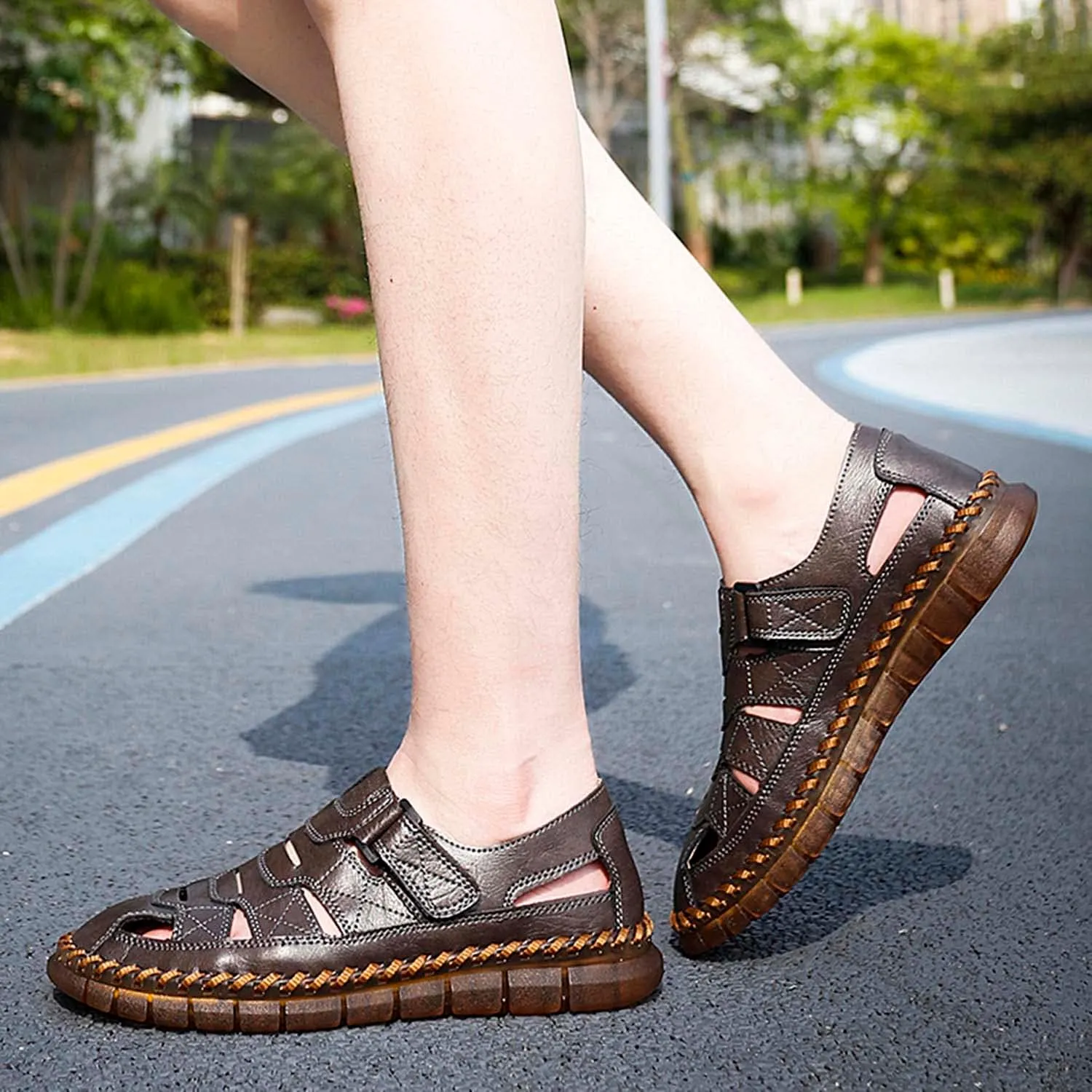 HESBITEUL Men's Sport Sandals Outdoor Hiking Sandals Closed Toe Leather Athletic Lightweight Trail Walking Casual Sandals Water Arch Support & Non-slipping Outsole