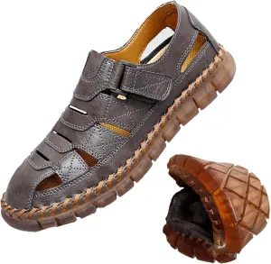 HESBITEUL Men's Sport Sandals Outdoor Hiking Sandals Closed Toe Leather Athletic Lightweight Trail Walking Casual Sandals Water Arch Support & Non-slipping Outsole