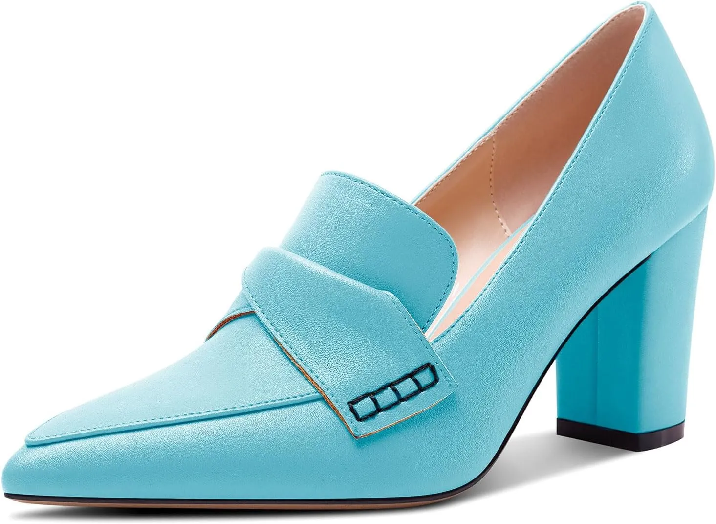 HEUIVZAR Womens Chunky Block Mid Heel Pumps Pointed Toe Slip-on Loafers Shoes Dress Office Casual 3.2 Inches Heels