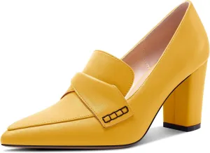 HEUIVZAR Womens Chunky Block Mid Heel Pumps Pointed Toe Slip-on Loafers Shoes Dress Office Casual 3.2 Inches Heels