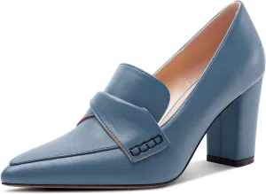 HEUIVZAR Womens Chunky Block Mid Heel Pumps Pointed Toe Slip-on Loafers Shoes Dress Office Casual 3.2 Inches Heels