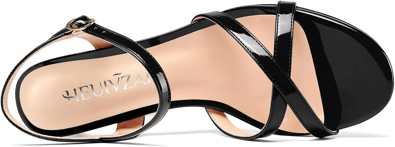 HEUIVZAR Womens Kitten Low Heel Open Toe Dress Ankle Cross-Strap Sandals Slingback Buckle Prom Casual Patent Leather Shoes 1.2 Inches Heels