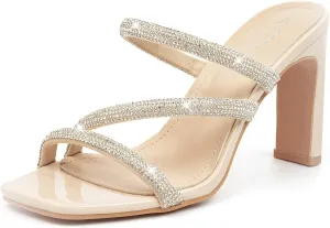 High Heels Sandals for Women Rhinestone Open Toe Slip On with Strappy Strap Dressy Sparkly Heel Bridal Shoes Comfy Sexy Cute