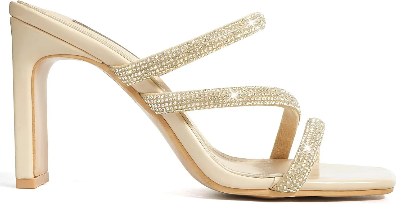 High Heels Sandals for Women Rhinestone Open Toe Slip On with Strappy Strap Dressy Sparkly Heel Bridal Shoes Comfy Sexy Cute