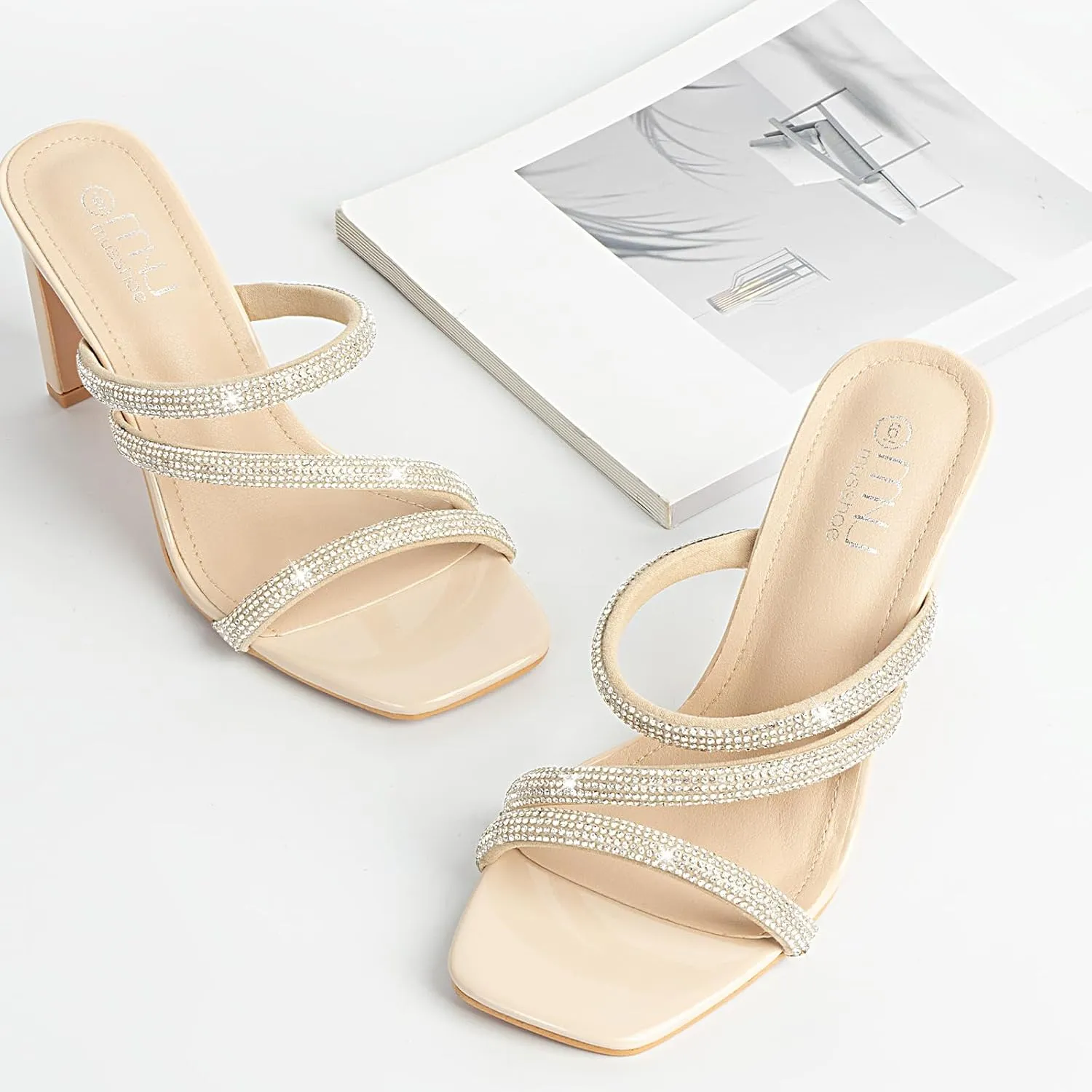 High Heels Sandals for Women Rhinestone Open Toe Slip On with Strappy Strap Dressy Sparkly Heel Bridal Shoes Comfy Sexy Cute