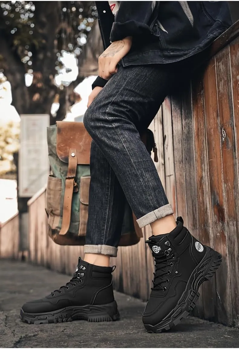 High-Top PU Leather Hiking Boots Men's Style, Street Sports Black Motorcycle Work Boots, Casual Round Toe Lace-Up Shoes, Universal Fit for Spring/Fall, All-Season