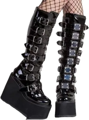 HINDOLA Womens Platform Punk Goth Mid Calf Boots Rivets Metal Decoration Back-Zip Knee High Motorcycle Booties Combat Boots