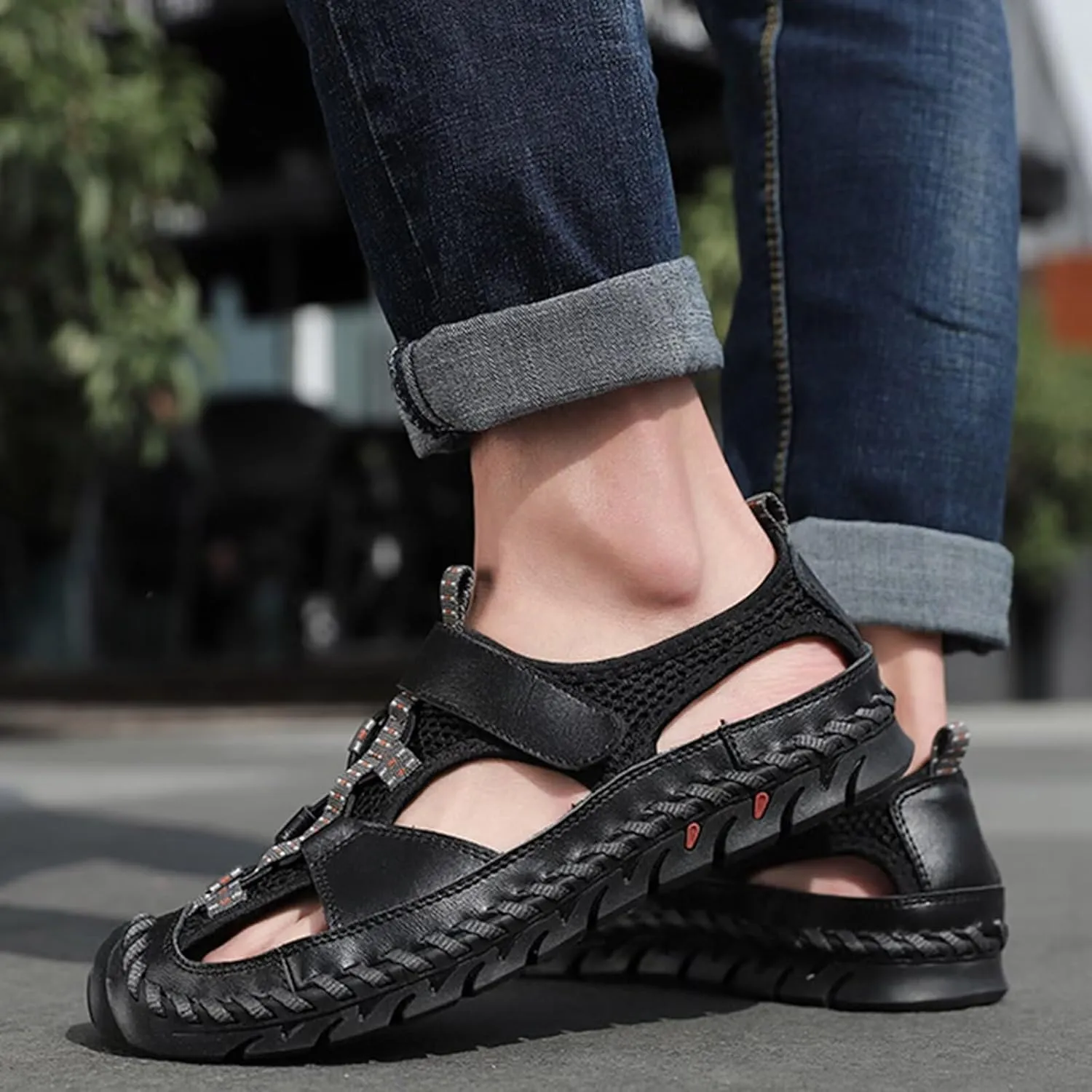 HNVAVQ Mens Leather Closed Toe Fisherman Shoes Outdoor Walking Sandals Casual Beach Summer Shoes