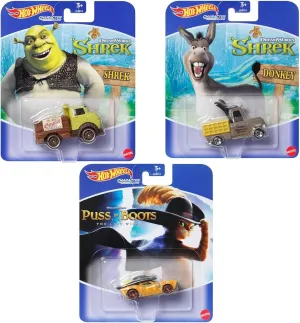 Hot Wheels DreamWorks Character Cars Set, Shrek, Donkey and Puss in Boots, 3 Pack, Ages 3 