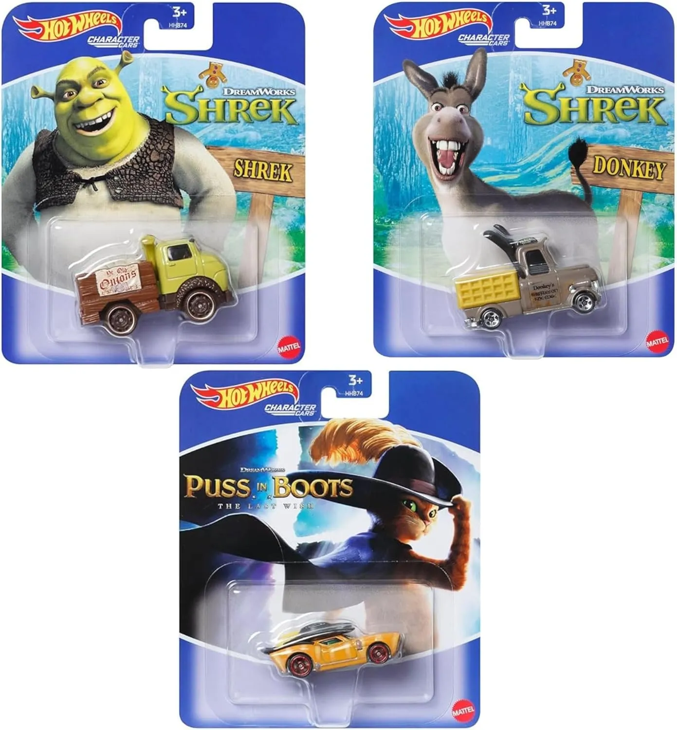 Hot Wheels DreamWorks Character Cars Set, Shrek, Donkey and Puss in Boots, 3 Pack, Ages 3 