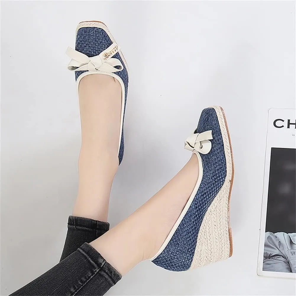 HOTRA Espadrilles Womens Wedges Closed Toe Sandals Bow Slip On Pumps Shoes (Color : Azul, Size : 3 US)