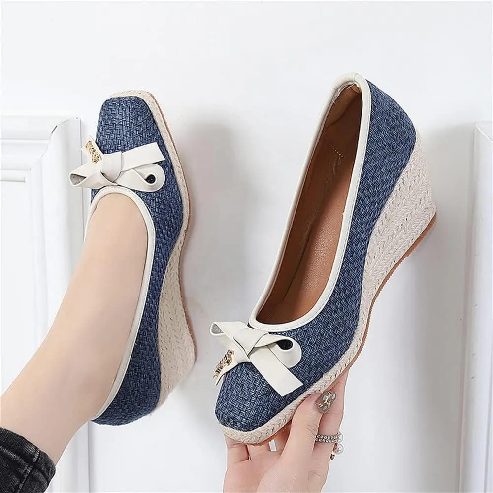 HOTRA Espadrilles Womens Wedges Closed Toe Sandals Bow Slip On Pumps Shoes (Color : Azul, Size : 3 US)