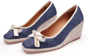 HOTRA Espadrilles Womens Wedges Closed Toe Sandals Bow Slip On Pumps Shoes (Color : Azul, Size : 3 US)