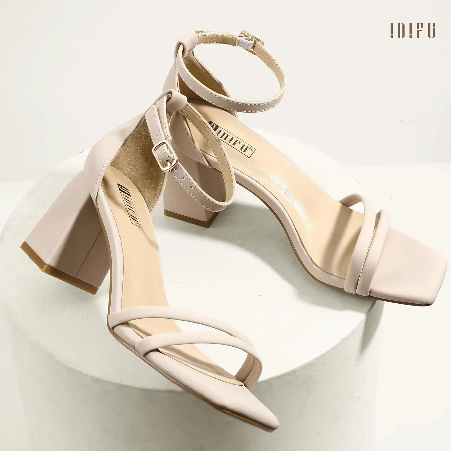 IDIFU IN3 Strappy Chunky Block Low Square Open Toe Heels Dress Shoes for Women Dressy Wedding Prom Bridal Bridesmaid Shoes Ankle Strap Heeled Sandals Comfortable Cute Trendy Short Thick Heels