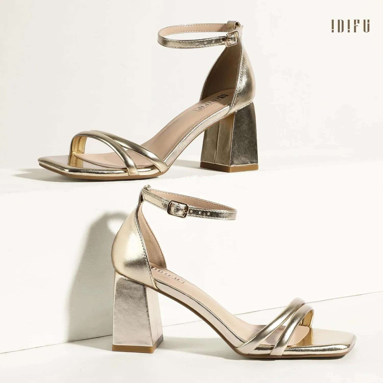 IDIFU IN3 Strappy Chunky Block Low Square Open Toe Heels Dress Shoes for Women Dressy Wedding Prom Bridal Bridesmaid Shoes Ankle Strap Heeled Sandals Comfortable Cute Trendy Short Thick Heels